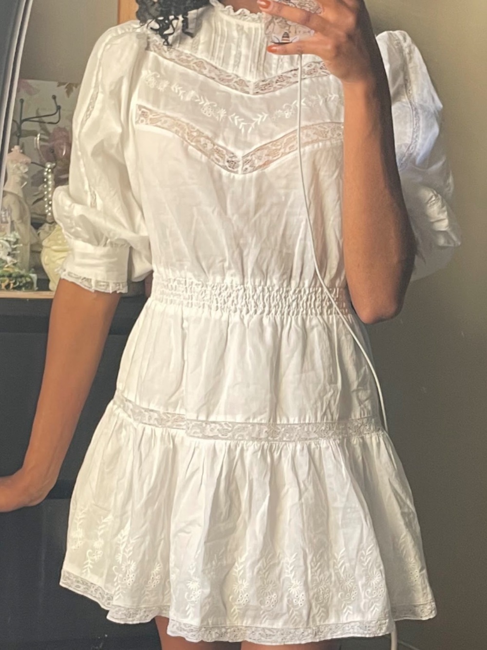 LoveShackFancy White Lace-Trim Puff Sleeve Mini Dress
